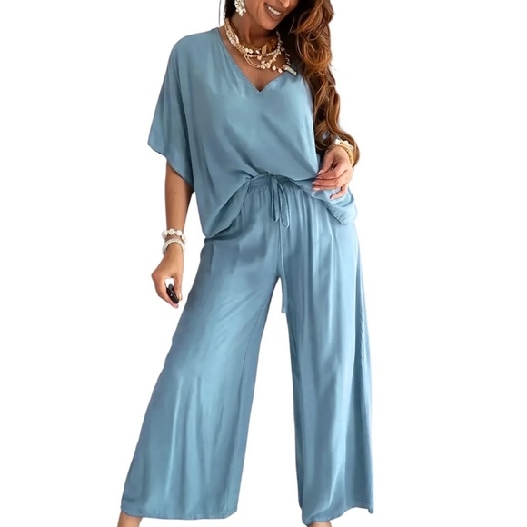 Pants Set Half Sleeve V-Neck Top & Wide Leg Pants - Picture 1 of 3
